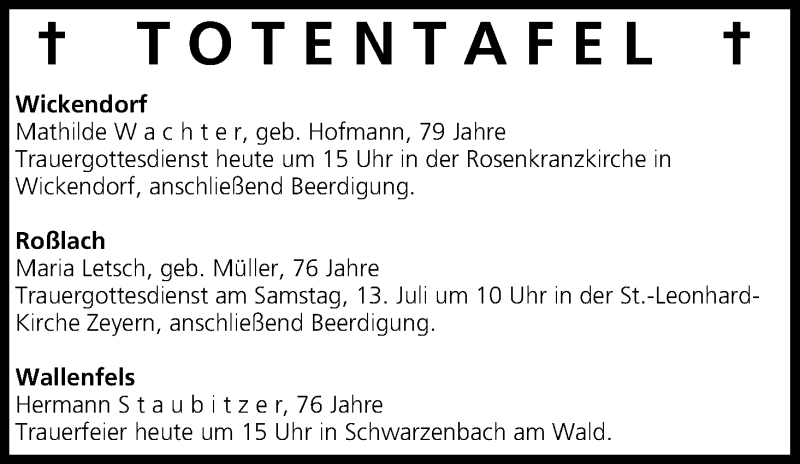  Traueranzeige für Totentafel vom 12.07.2013 vom 12.07.2013 aus MGO