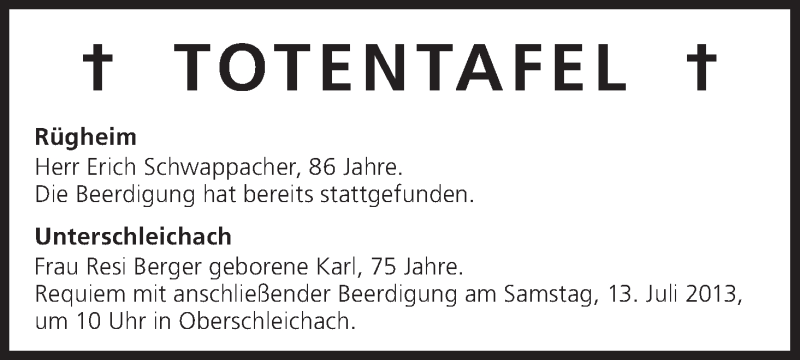  Traueranzeige für Totentafel vom 13.07.2013 vom 13.07.2013 aus MGO
