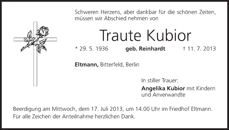  Traueranzeige für Traute Kubior vom 15.07.2013 aus MGO