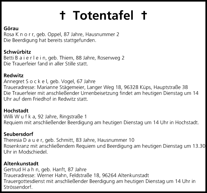  Traueranzeige für Totentafel vom 16.07.2013 vom 16.07.2013 aus MGO
