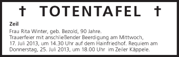 Anzeige von Totentafel vom 16.07.2013 von MGO