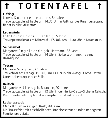 Anzeige von Totentafel vom 16.07.2013 von MGO