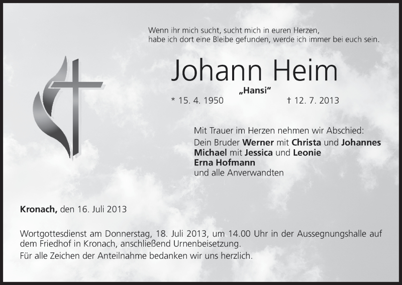  Traueranzeige für Johann Heim vom 16.07.2013 aus MGO