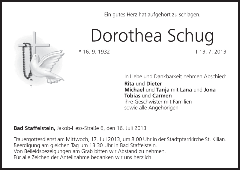  Traueranzeige für Dorothea Schug vom 16.07.2013 aus MGO