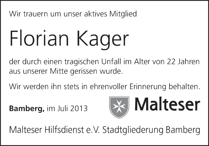  Traueranzeige für Florian Kager vom 16.07.2013 aus MGO