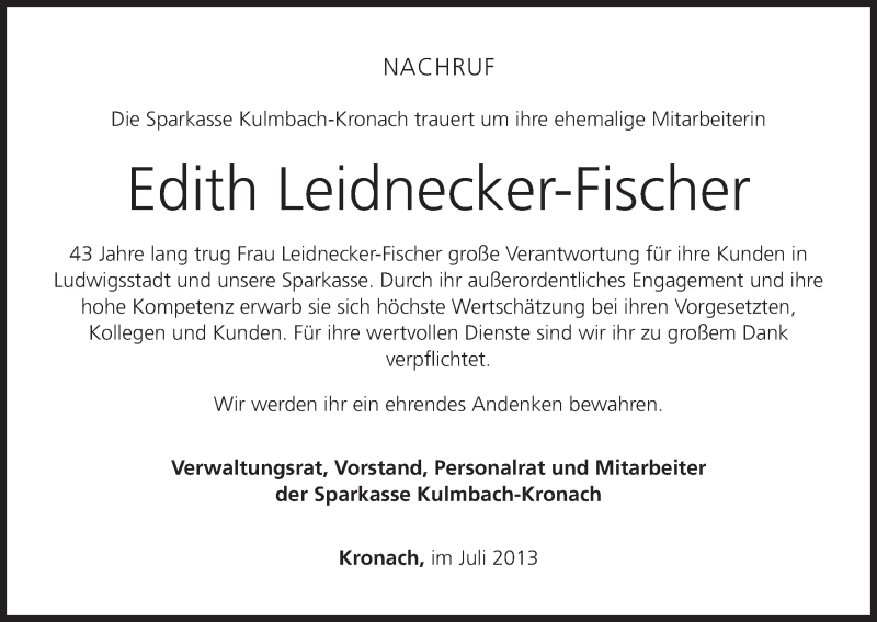  Traueranzeige für Edith Leidnecker-Fischer vom 17.07.2013 aus MGO