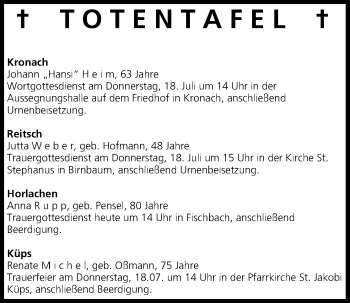 Anzeige von Totentafel vom 17.07.2013 von MGO