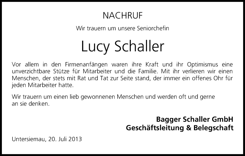  Traueranzeige für Lucy Schaller vom 20.07.2013 aus MGO