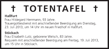 Anzeige von Totentafel vom 19.07.2013 von MGO