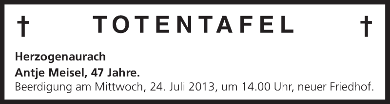  Traueranzeige für Totentafel vom 20.07.2013 vom 20.07.2013 aus MGO