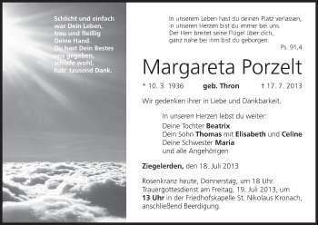 Anzeige von Margareta Porzelt von MGO