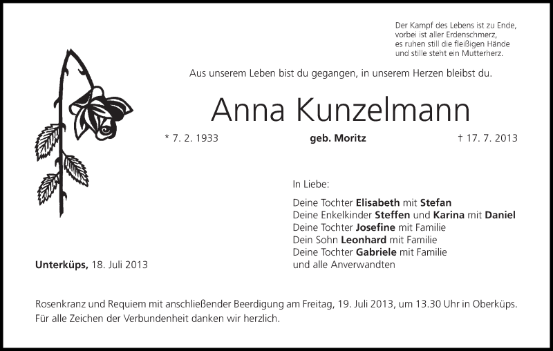  Traueranzeige für Anna Kunzelmann vom 18.07.2013 aus MGO