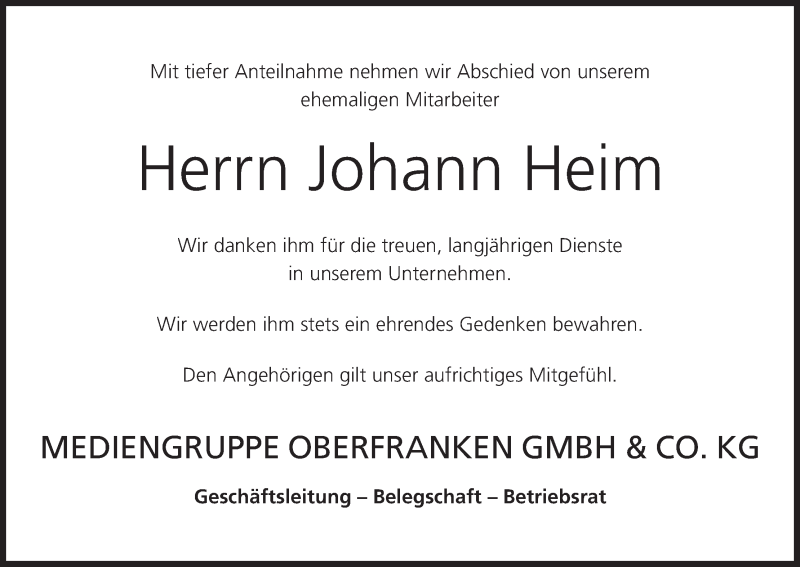 Traueranzeige für Johann Heim vom 19.07.2013 aus MGO