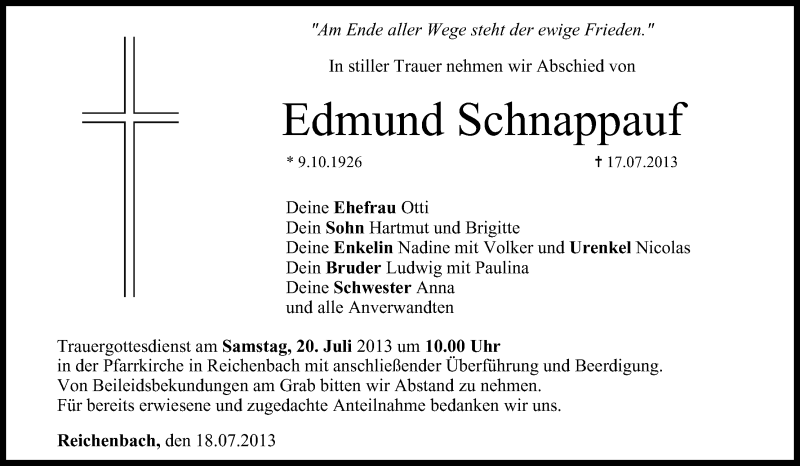  Traueranzeige für Edmund Schnappauf vom 19.07.2013 aus MGO