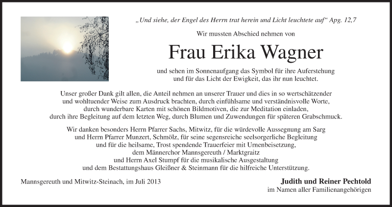  Traueranzeige für Erika Wagner vom 20.07.2013 aus MGO