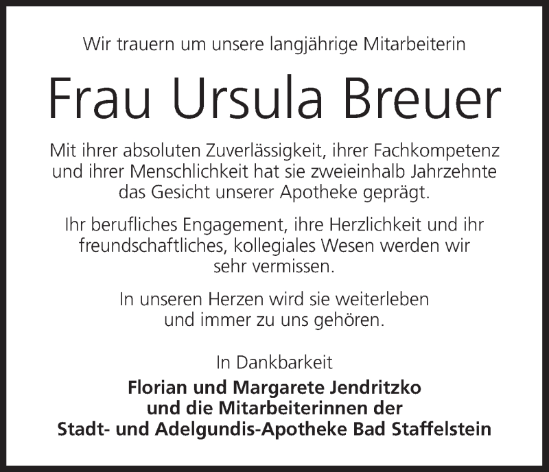  Traueranzeige für Ursula Breuer vom 20.07.2013 aus MGO