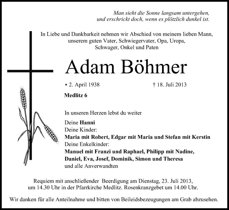  Traueranzeige für Adam Böhmer vom 20.07.2013 aus MGO