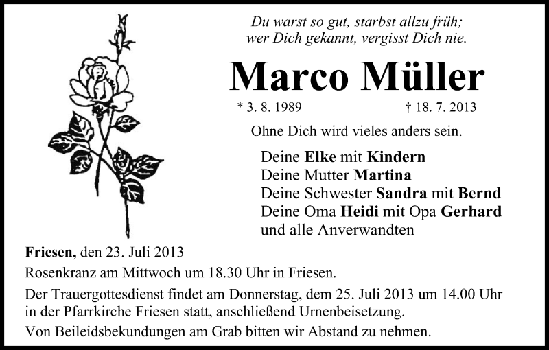  Traueranzeige für Marco Müller vom 23.07.2013 aus MGO