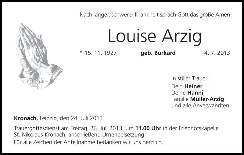  Traueranzeige für Louise Arzig vom 24.07.2013 aus MGO