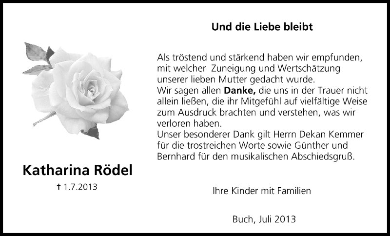  Traueranzeige für Katharina Rödel vom 26.07.2013 aus MGO