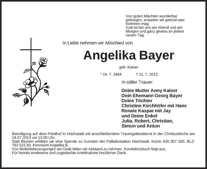  Traueranzeige für Angelika Bayer vom 23.07.2013 aus MGO