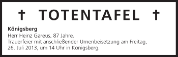 Anzeige von Totentafel vom 24.07.2013 von MGO