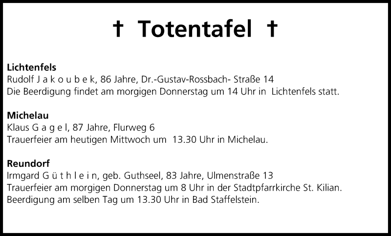  Traueranzeige für Totentafel vom 24.07.2013 vom 24.07.2013 aus MGO