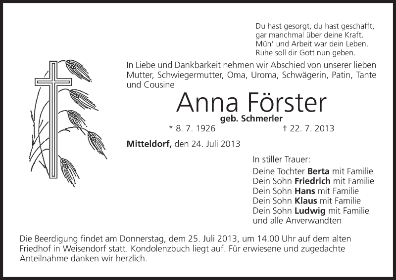  Traueranzeige für Anna Förster vom 24.07.2013 aus MGO