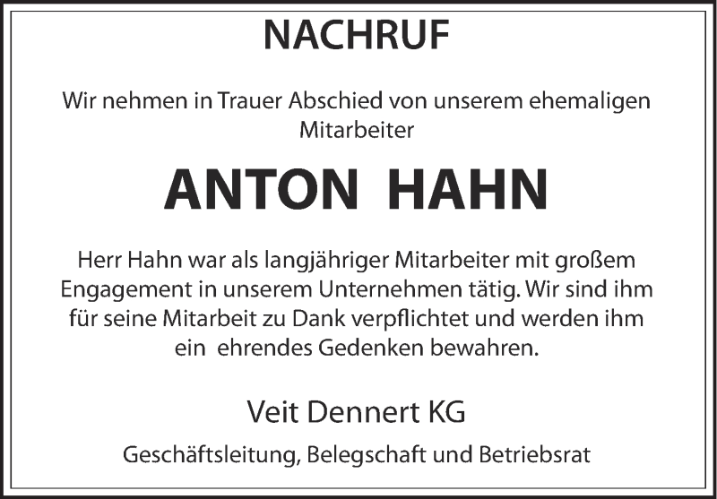  Traueranzeige für Anton Hahn vom 24.07.2013 aus MGO