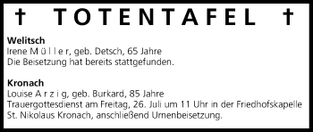 Anzeige von Totentafel vom 25.07.2013 von MGO