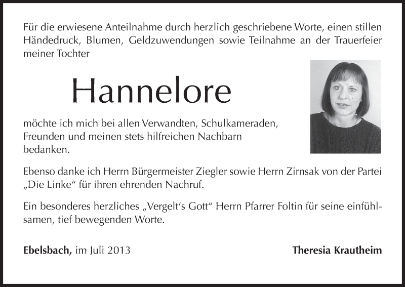  Traueranzeige für Hannelore  vom 27.07.2013 aus MGO