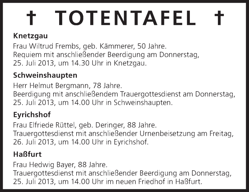  Traueranzeige für Totentafel vom 25.07.2013 vom 25.07.2013 aus MGO