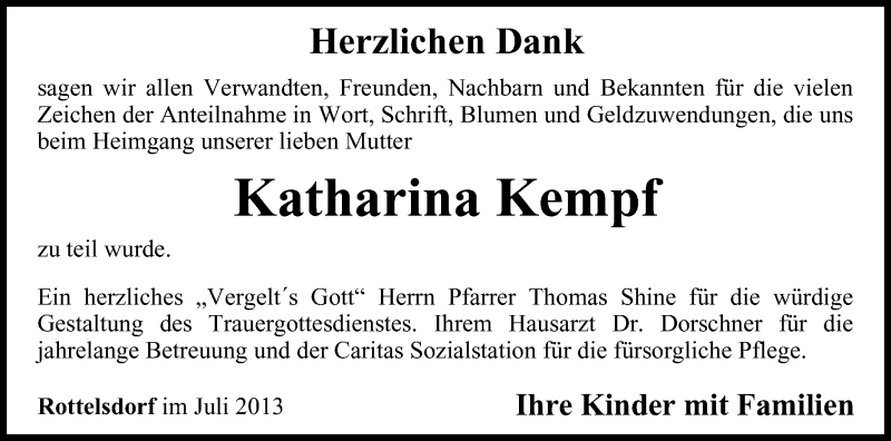  Traueranzeige für Katharina Kempf vom 26.07.2013 aus MGO