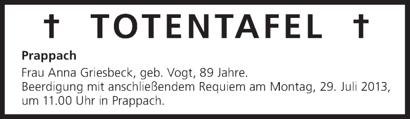  Traueranzeige für Totentafel vom 27.07.2013 vom 27.07.2013 aus MGO
