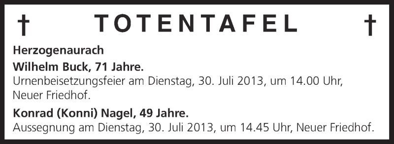  Traueranzeige für Totentafel vom 27.07.2013 vom 27.07.2013 aus MGO