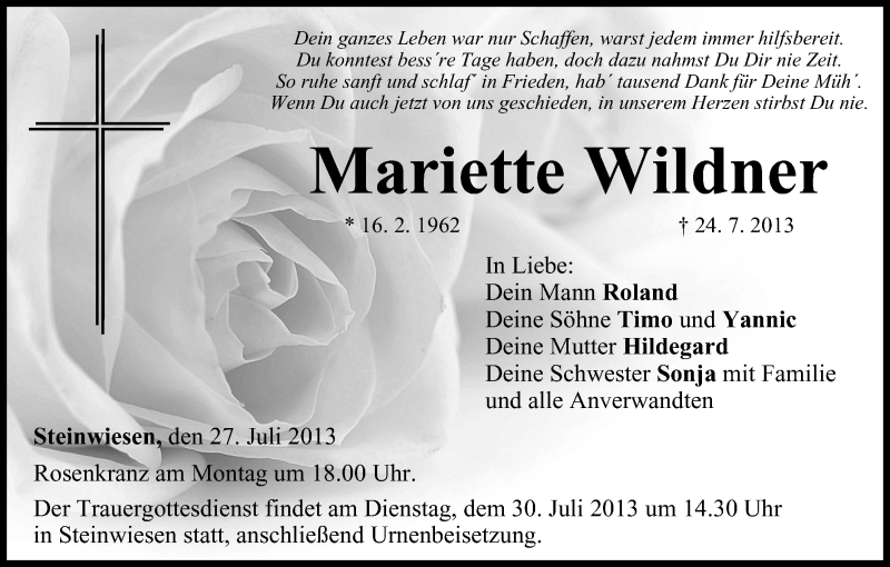  Traueranzeige für Mariette Wildner vom 27.07.2013 aus MGO