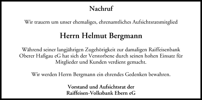  Traueranzeige für Helmut Bergmann vom 27.07.2013 aus MGO