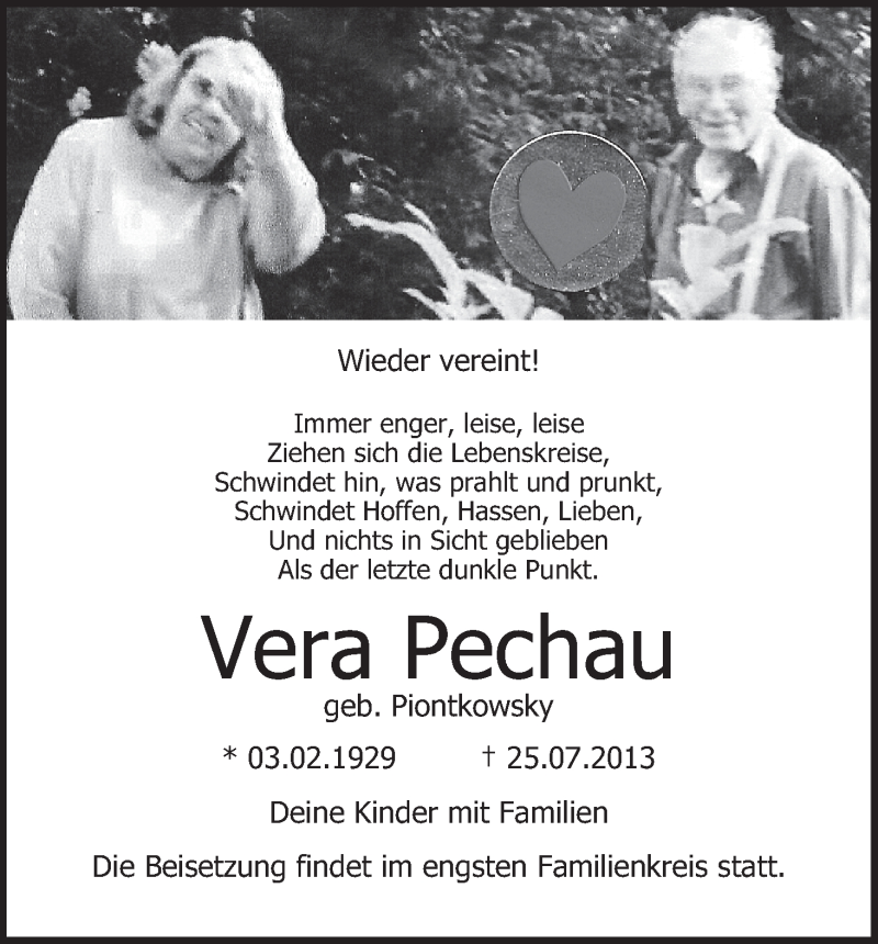  Traueranzeige für Vera Pechau vom 29.07.2013 aus MGO