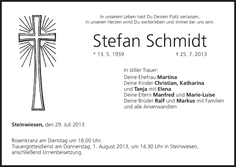  Traueranzeige für Stefan Schmidt vom 29.07.2013 aus MGO