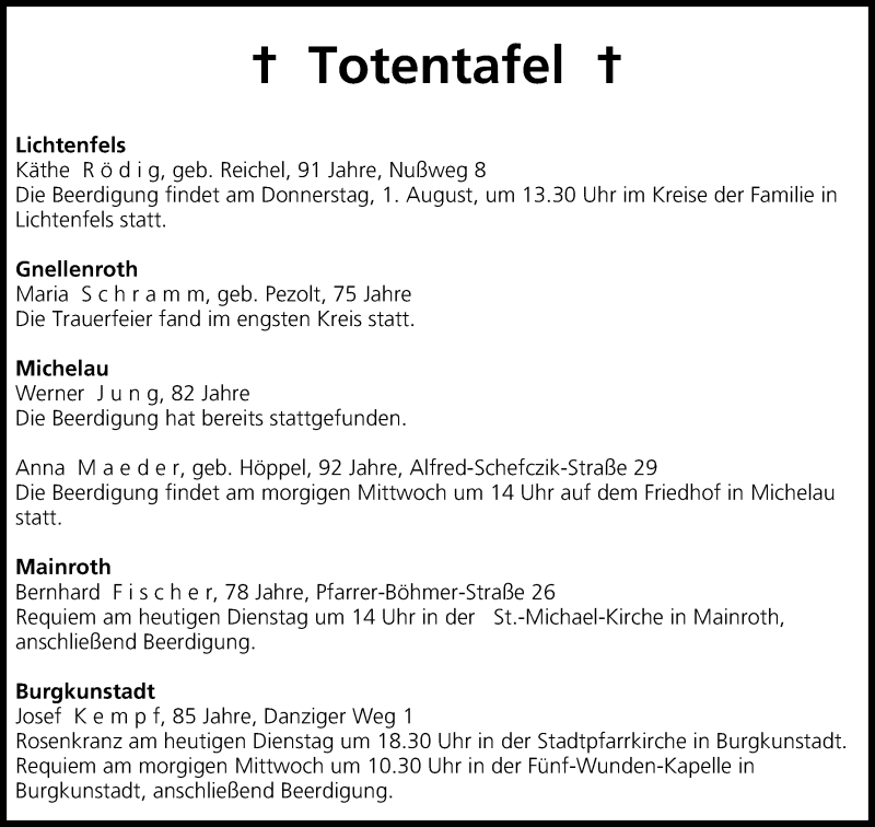  Traueranzeige für Totentafel vom 30.07.2013 vom 30.07.2013 aus MGO