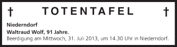 Anzeige von Totentafel vom 30.07.2013 von MGO