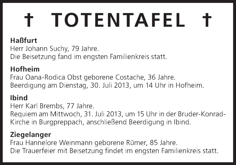  Traueranzeige für Totentafel vom 30.07.2013 vom 30.07.2013 aus MGO