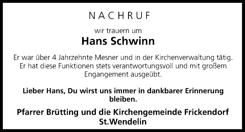  Traueranzeige für Hans Schwinn vom 01.08.2013 aus MGO