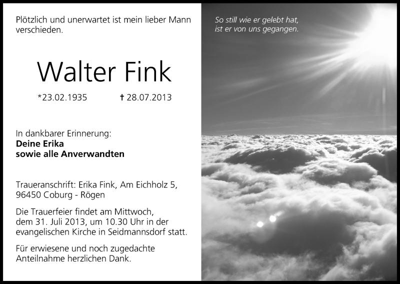 Traueranzeige für Walter Fink vom 30.07.2013 aus MGO