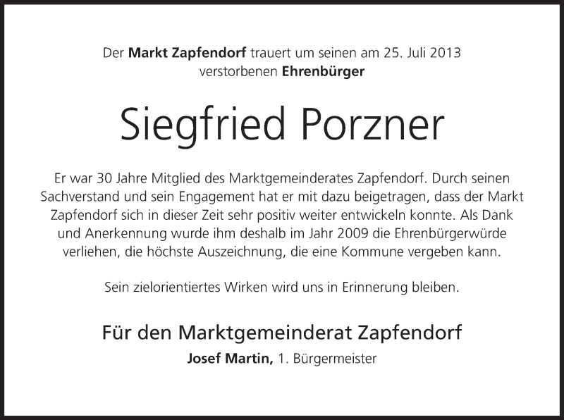  Traueranzeige für Siegfried Porzner vom 30.07.2013 aus MGO