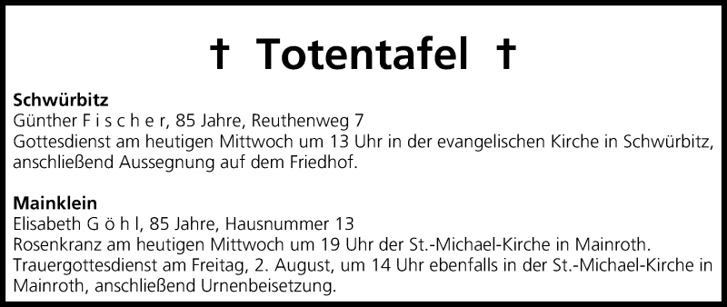  Traueranzeige für Totentafel vom 31.07.2013 vom 31.07.2013 aus MGO