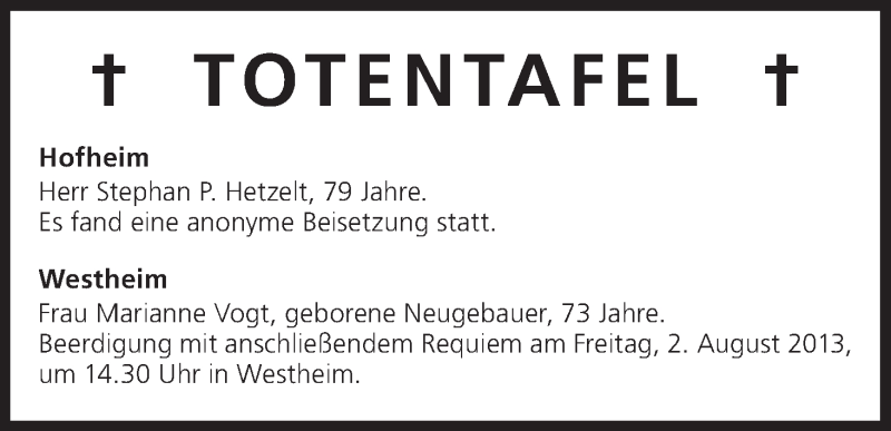  Traueranzeige für Totentafel vom 01.08.2013 vom 01.08.2013 aus MGO
