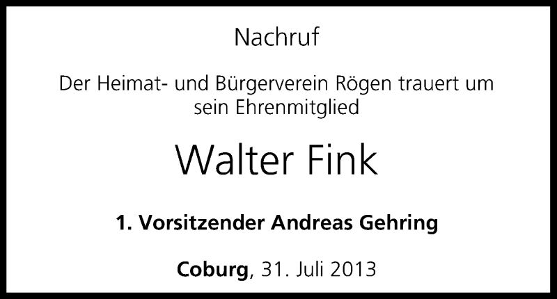  Traueranzeige für Walter Fink vom 31.07.2013 aus MGO