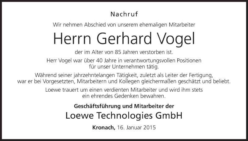  Traueranzeige für Gerhard Vogel vom 16.01.2015 aus MGO