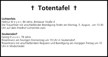 Anzeige von Totentafel vom 01.08.2013 von MGO